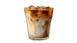 Iced coffee with milk swirling, refreshing beverage, white isolated background.