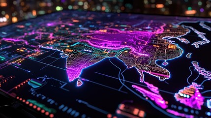 Poster - Neon City Map Visualization with Vibrant Colors and Details
