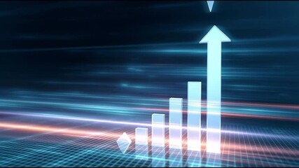 Aufkleber - Rising bar chart with glowing arrows and upward arrow symbolizing growth and progress in futuristic digital technology environment featuring data driven business insights and dynamic chart visuals