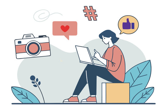 vector scene of a person creating social media content on phone or laptop