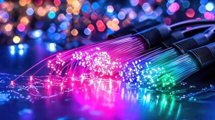 Poster - Colorful Fiber Optic Cables with Glowing Lights on Abstract Background