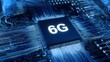 © Imaginebuddy - White 6G label on glowing chip set in blue board, showing future of wireless speed in Tech Network and AI Circuitry powered by Energy Flow concept