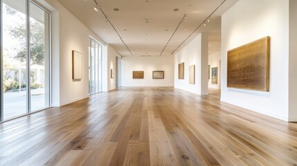 Poster - Modern art gallery interior with hardwood floors, large windows, and paintings on white walls.