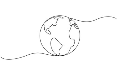Leinwandbilder - Continuous one line art drawing of earth planet, Globe, geography vector outline, World map with curve line. Linear globe symbol. Vector illustration isolated on white background.