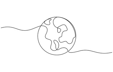 Leinwandbilder - Continuous one line art drawing of earth planet, Globe, geography vector outline, World map with curve line. Linear globe symbol. Vector illustration isolated on white background.