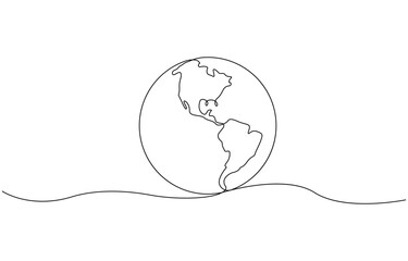 Leinwandbilder - Continuous one line art drawing of earth planet, Globe, geography vector outline, World map with curve line. Linear globe symbol. Vector illustration isolated on white background.