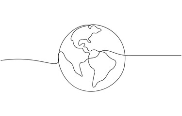 Leinwandbilder - Continuous one line art drawing of earth planet, Globe, geography vector outline, World map with curve line. Linear globe symbol. Vector illustration isolated on white background.