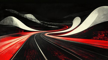 Fototapete - Abstract red and white winding road at night.