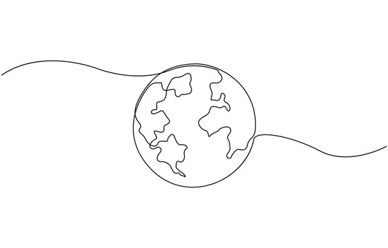 Continuous one line art drawing of earth planet, Globe, geography vector outline, World map with curve line. Linear globe symbol. Vector illustration isolated on white background.