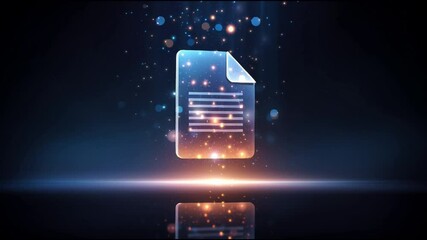 Aufkleber - Digital document icon glowing with blue and orange light particles and sparkles, futuristic technology concept featuring glowing light, digital particles, and blue sparkles dark space reflecting