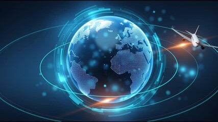 Aufkleber - Digital globe airplane flight path technology travel network earth futuristic connection blue airplane flying around digital globe with glowing light trails and futuristic technology elements dark