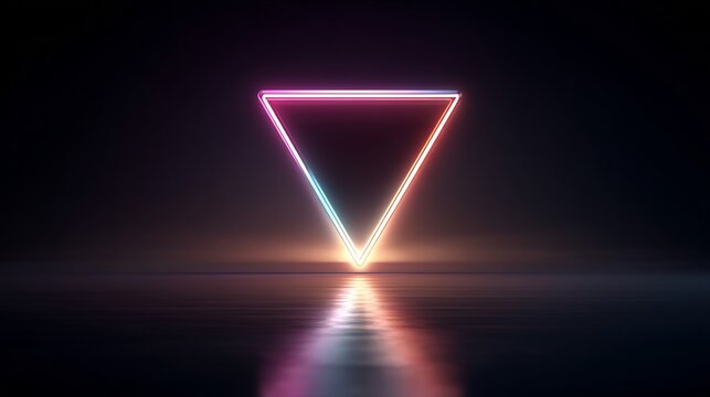 Abstract neon triangle shape with glowing reflection on dark background scene