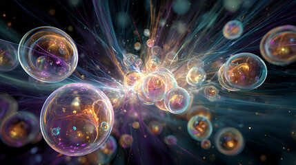 Poster - Abstract fractal art rendering of vibrant energy field with ethereal spheres and flowing light lines representing