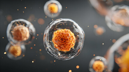 Poster - Exploring cellular biology with dynamic rendering showcases transparent cells floating against a dark background for