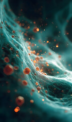 Poster - Intricate teal abstract with floating red spheres creates a compelling micro detail suitable for science or artistic