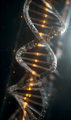 Poster - Captivating dna helix rendered in translucent crystal illuminated with golden light revealing intricate molecular