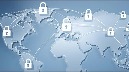 Poster - Global network security with connected padlock icons world map illustrating data protection and secure communication across continents ensuring reliable connection and global communication protection