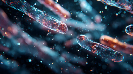 Poster - Microscopic view of floating bacterial cells in a vibrant liquid environment with sparkling particles represents