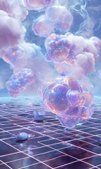 Poster - Dreamlike celestial landscape featuring iridescent clouds on a checkered plane evoking fantasy and ethereal beauty