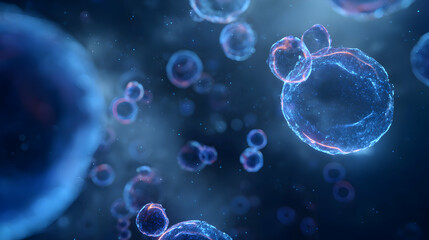 Poster - Abstract cellular structure visualization with bright blue and red glowing outlines presents a dynamic illustration of