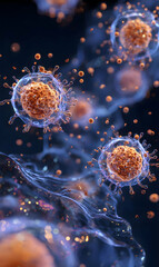 Poster - Detailed viral structures in a conceptual microscopic view with vibrant colors and cellular design showcasing disease