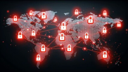 Poster - Global digital security world map with glowing red padlock icons representing network connection, cybersecurity, and data protection across continents ensuring secure digital protection worldwide