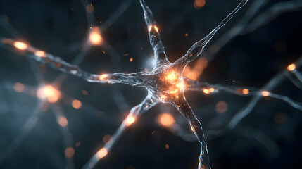 Poster - Intricate neuron cell network visualization with vibrant orange light sparks in a modern medical science or