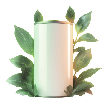 Blank cylindrical object with green leaves isolated on transparent background
