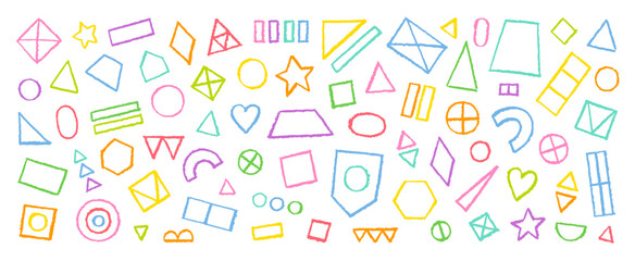 Aufkleber - Line shape element. Color pencil vector abstract background. Brush hand drawn doodle shape element. Line arrow square circle dot star. Geometric design with pencil texture. Kid crayon paint graphic bg