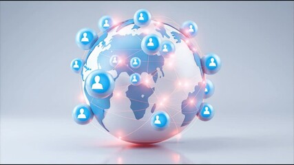 Poster - Global network connection with user icons around digital globe, symbolizing worldwide communication, social interaction, and data exchange in modern technology and social network environment