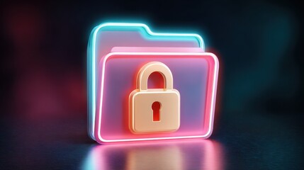 Aufkleber - Digital folder icon with a padlock, illuminated in vibrant neon colors, representing data security and privacy in technology.