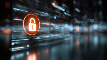 Poster - Digital security concept with a glowing padlock symbol against a backdrop of data streams and technology interfaces.