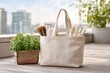 © Alex - Gardening tools and supplies arranged neatly on a balcony with city skyline view in bright daylight