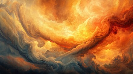 Fototapete - Abstract fiery swirling cloudscape, fiery orange and grey hues, dynamic movement.