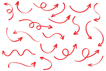 Leinwandbilder - Arrows hand drawn doodle icons set. Curved cartoon arrows sketches collection. Flat and thin pointers illustrations. Scribble swirl arrow signs.