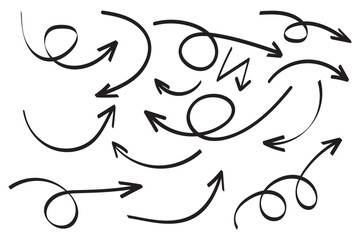Leinwandbilder - Arrows hand drawn doodle icons set. Curved cartoon arrows sketches collection. Flat and thin pointers illustrations. Scribble swirl arrow signs.