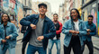 © Cliff - Happy friends dancing in the city with hip hop music. Smiles, fun and group of people with energy for movement to sing together for rehearsal outdoors in the city.