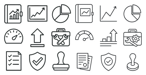 Poster - Set of icons for a business app. The icons include a clock, a book, a ruler, a calculator, a key, a pen, a box, a gear, a shield, a check mark, a gear, a key
