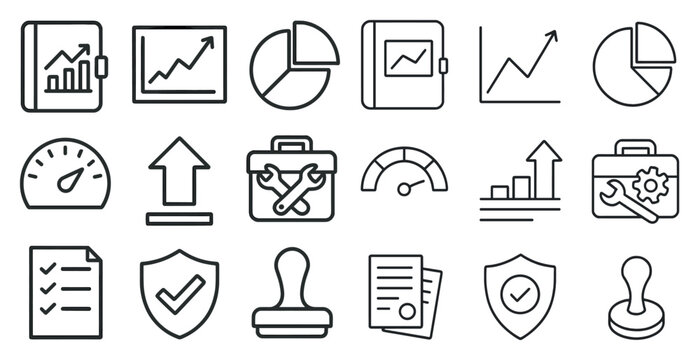 Set of icons for a business app. The icons include a clock, a book, a ruler, a calculator, a key, a pen, a box, a gear, a shield, a check mark, a gear, a key