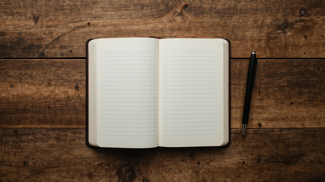 Open notebook with blank pages and pen on wooden table