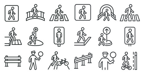 Aufkleber - Series of icons depicting people walking and crossing streets. The icons include a man holding a stop sign, a man holding a bicycle, and a man holding a basketball