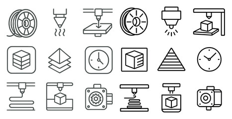 Poster - Set of black and white icons that represent various machines and tools used in 3D printing. The icons include a 3D printer, a camera, a clock, and a cube. Scene is one of precision