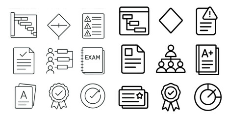 Poster - Set of icons for a school exam. The icons include a check mark, a book, a person, and a person with a plus sign