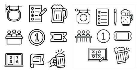 Poster - Set of icons for a bar or restaurant. The icons include a menu, a check-in sheet, a coin, a cup, a person, a chair, a table, a board, a pen, and a book