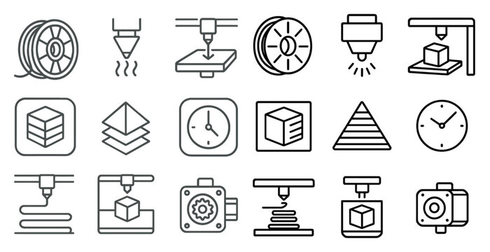 Set of black and white icons that represent various machines and tools used in 3D printing. The icons include a 3D printer, a camera, a clock, and a cube. Scene is one of precision