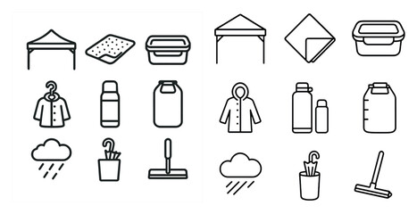 Poster - Set of icons for various items, including a tent, a bottle, a cup, a bowl, a jacket, a bottle, a cup, a bowl, a jacket, a bottle, a cup, a bowl, a jacket, a bottle