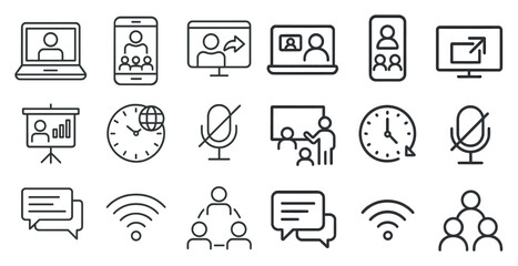 Poster - Set of icons for various communication and collaboration tools. The icons include a laptop, a cell phone, a projector, a clock, a microphone, a keyboard, a remote control, a computer monitor