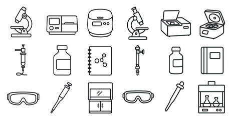 Poster - Set of medical symbols and tools. The symbols include a syringe, a microscope, a test tube, and a bottle. Scene is scientific and professional