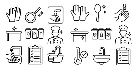Poster - Variety of icons representing different elements of a kitchen. There is a chef icon, which is likely to represent a cooking area or a kitchen counter. A sink icon is also present