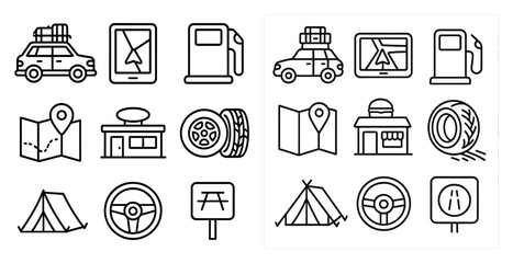 Aufkleber - Set of icons for a car travel app. The icons include a car, a tire, a map, a gas station, a restaurant, a tent, a road sign, a car's steering wheel, and a cell phone